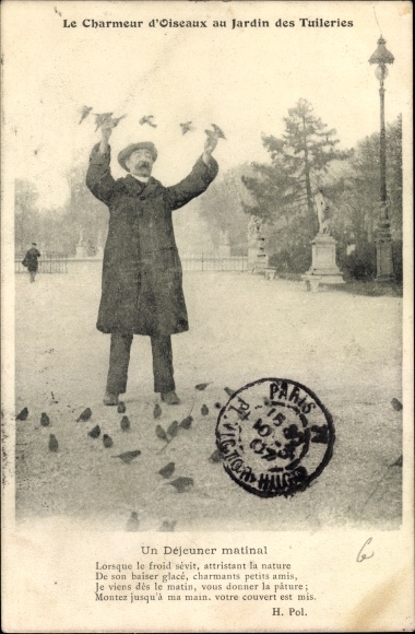Postcard Paris, The Bird Charmer in the Jardin des Tuileries, An Early Breakfast