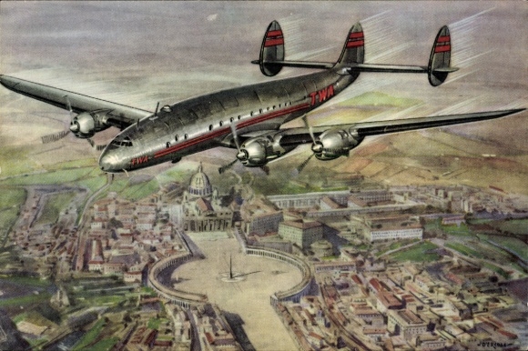 Artist Postcard American Passenger Airplane, TWA, Rome