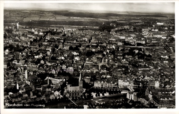 Postcard Pforzheim in the Black Forest, aerial view of cityscape, architecture