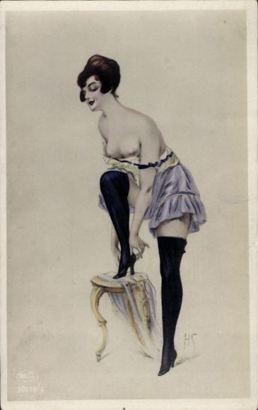 Artist Postcard Young woman in nightgown, stockings, breasts, legs