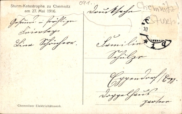 Postcard Chemnitz Saxony, power plant, storm disaster, May 27, 1916