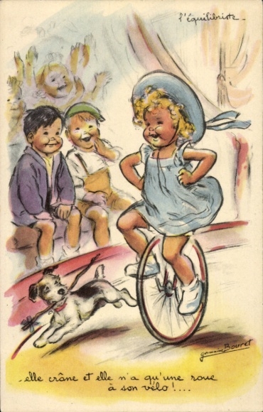 Artist Postcard Bouret, G., Girl riding a unicycle, dog, circus, cheering spectators