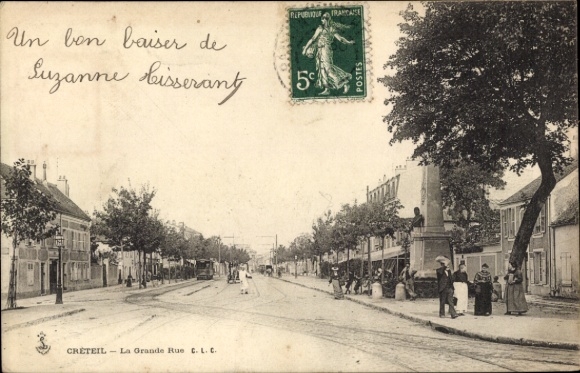 PC Créteil Val de Marne, street with trees, houses, people, monument, stamp, French bri