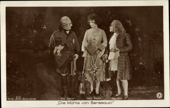 Postcard film scene Die Mühle von Sanssouci, actors Otto Fee, Karl Götz, Hanni Weisse