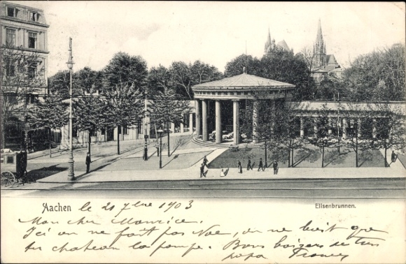 Ak Aachen, Elisenbrunnen, Säulen, Bäume, Straßenansicht, Menschen