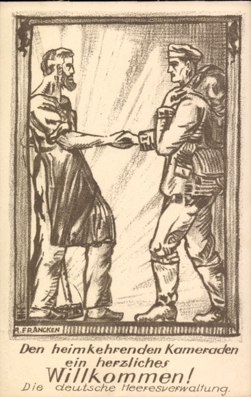 Artist Postcard Francken, A., A warm welcome to the returning comrades, I. WK