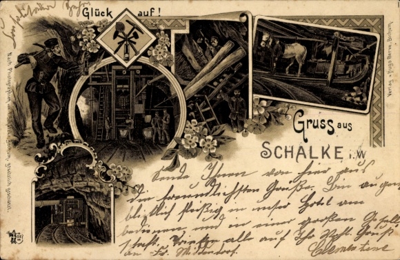Postcard Schalke Gelsenkirchen in the Ruhr area, good luck, greetings from Bergmann, coal, trains, mine