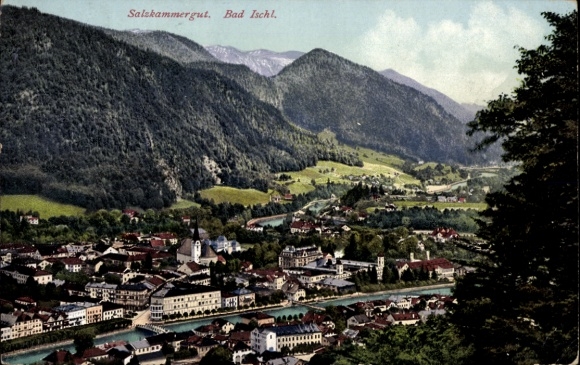 Ak Bad Ischl in Oberösterreich, Salzkammergut,  Berge, Fluss, Stadtansicht