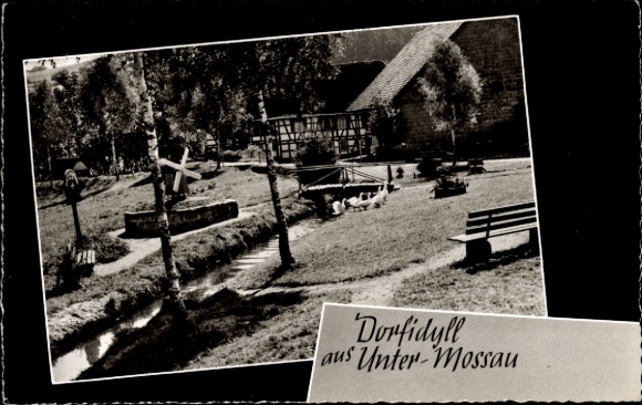 Postcard Unter Mossau Mossautal in the Odenwald, windmill, geese, half-timbered house, partial view