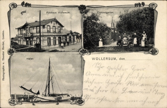 Ak Wollersum Groven in Dithmarschen, veerhuis, haven, zeilschip, concerttuin