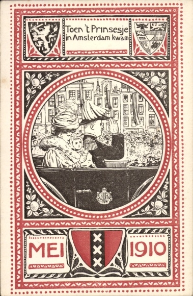 Artist Postcard Royal couple visiting Amsterdam, May 1910, coat of arms