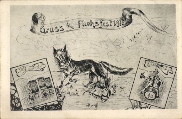 Artist Postcard Fox Festival, Fox, Inn, Barrel, Beer