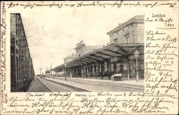 Ansichtkaart Leiden Zuid Holland Nederland, station, spoorzijde, station