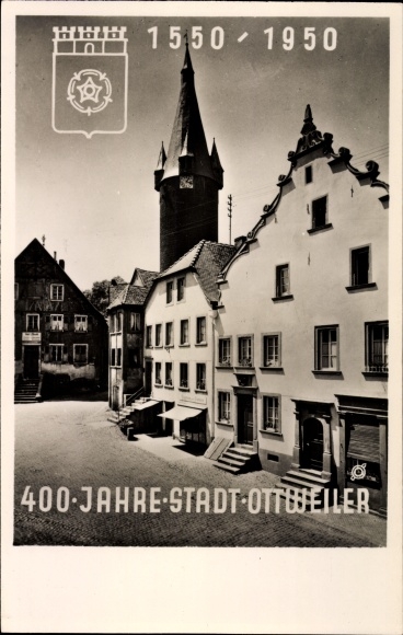 Coat of arms PC Ottweiler in the district of Neunkirchen Saarland, 400 years 1550 - 1950, old tower