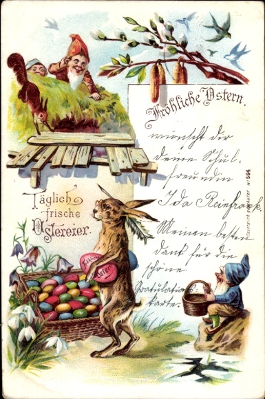 Chromo-Litho congratulations Easter, Easter egg basket, Easter bunny, dwarves