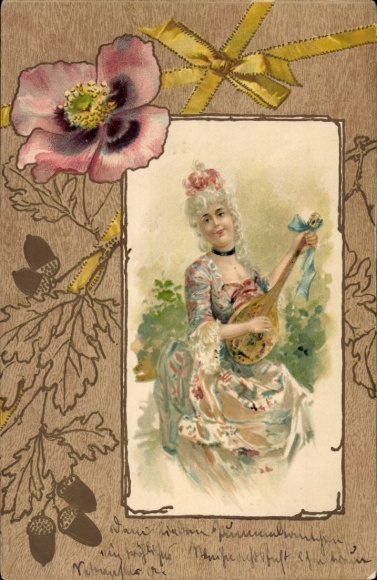 Passepartout Ak Frau mit Mandoline, Blume, Eichenblatt