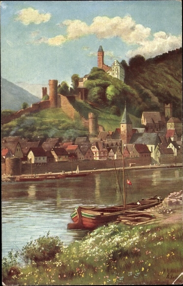 Künstler Ak Hoffmann H., Hirschhorn am Neckar, Flusspartie mit Ortschaft