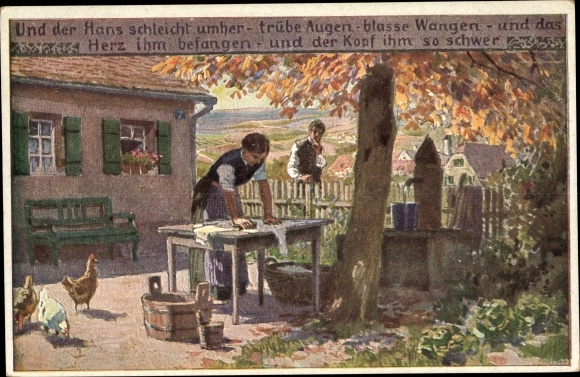 Song artist PC Hey, Paul, folk song card no. 58, And Hans sneaks around, chickens