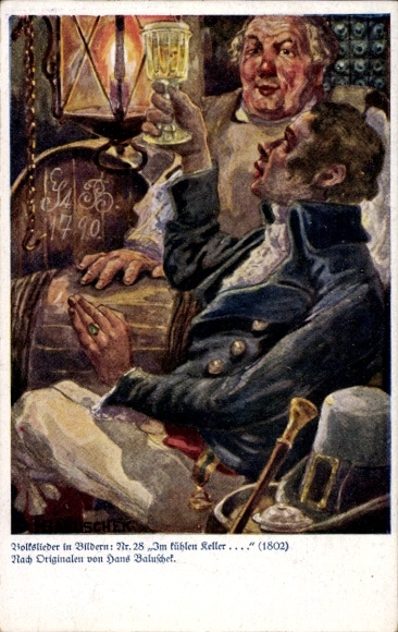 Artist Postcard Baluschek, Hans, Folk Songs in Pictures No. 28, In the Cool Cellar