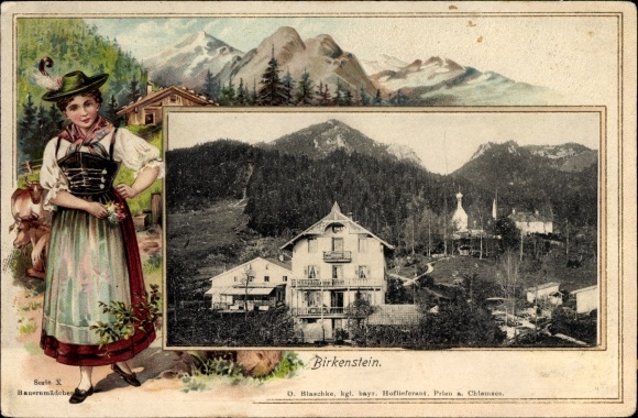 Passepartout embossed PC Birkenstein Fischbachau in Upper Bavaria, partial view, woman in costume, residential building