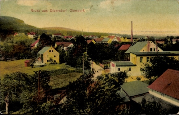 Postcard Olbersdorf in Saxony, colored view of houses and landscape