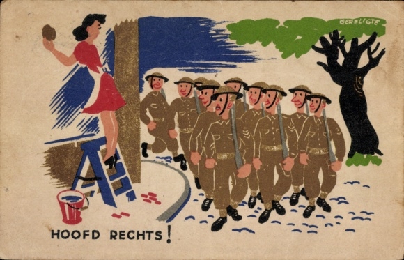 Ak Niederlande, Marschierende Soldaten, Schöne Frau auf der Leiter