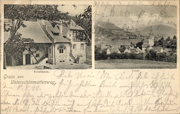Postcard Unter Schönmattenwag Forest Michelbach in the Odenwald Hesse, general view, church, forester's house
