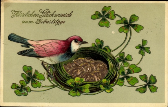Embossed Postcard congratulations birthday, bird, nest with coins, lucky clover