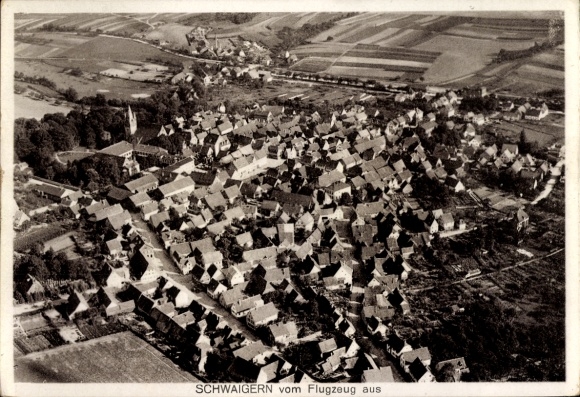 Postcard Schwaigern in Württemberg, aerial view of many houses, agricultural areas, church