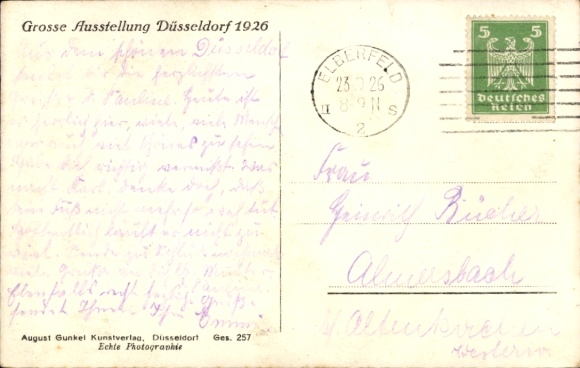 Ansichtkaart Düsseldorf am Rhein, luchtfoto, zicht op de beurshallen, grote tentoonstelling 1926