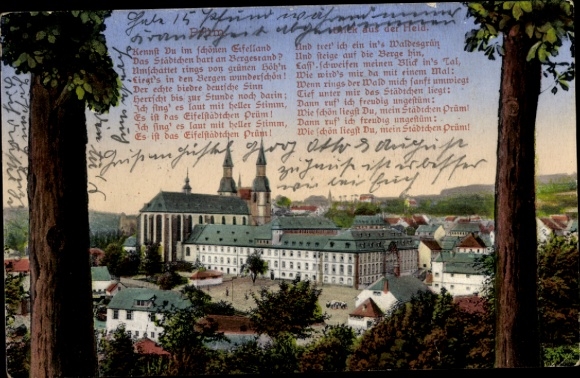 Postcard Prüm in the Eifel, partial view, church, poem