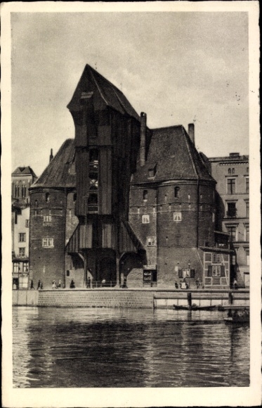 Postcard Gdańsk Danzig, black and white picture of a unique building, water in the foreground