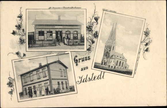 Postcard Idstedt in Schleswig Holstein, commercial building, church, dairy