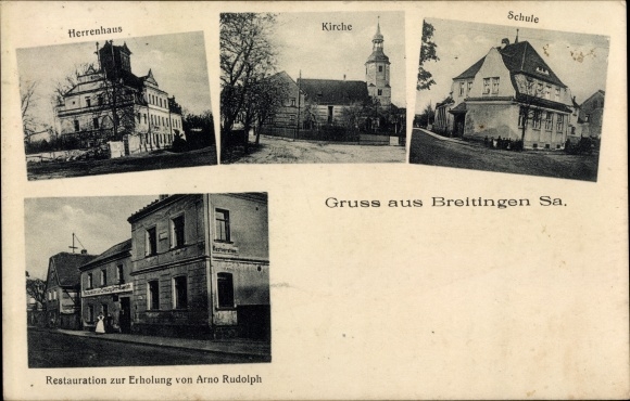 Postcard Regis Breitingen Saxony, manor house, restaurant for relaxation, church, school