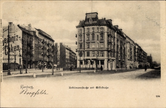 Ansichtkaart Hamburg Mitte Borgfelde, Anckelmannstrasse en Eiffestrasse, gevelreclame Leibnitz Cakes