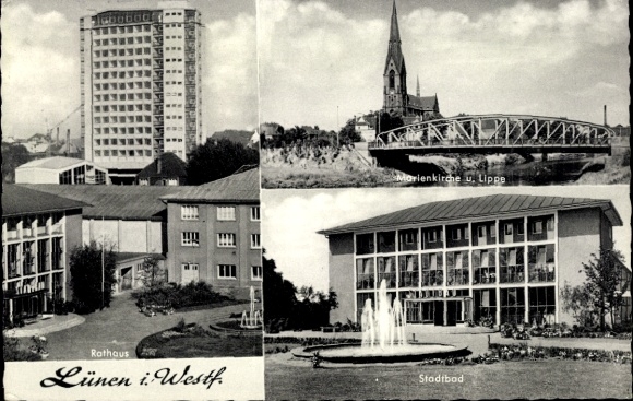 Postcard Lünen in North Rhine Westphalia, Marienkirche, Town Hall, Public Baths