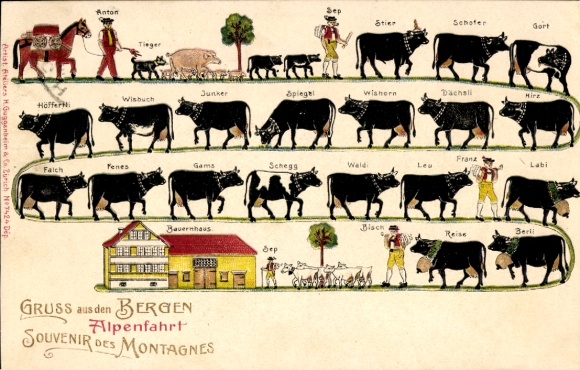 Präge Litho Alpenfahrt, Kühe, Bauernhaus, Ziegen, Schweine, Hund, Pferd