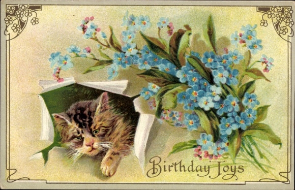 Embossed Postcard Happy Birthday, Cat, Forget-me-not