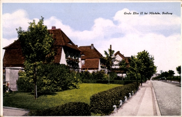 Ak Mücheln im Saalekreis, Grube Elise II, Siedlung, Häuser, Bäume, Straße, 