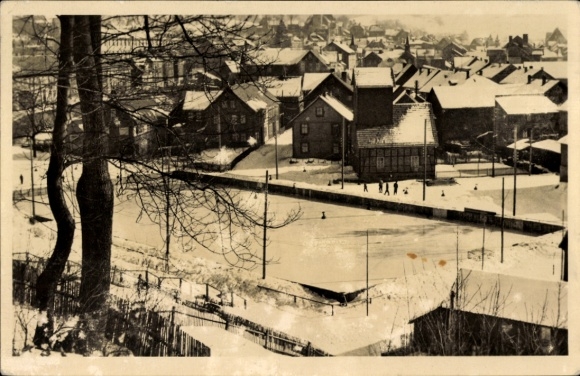 Postcard Brotterode in Thuringia, ice stadium, place in winter