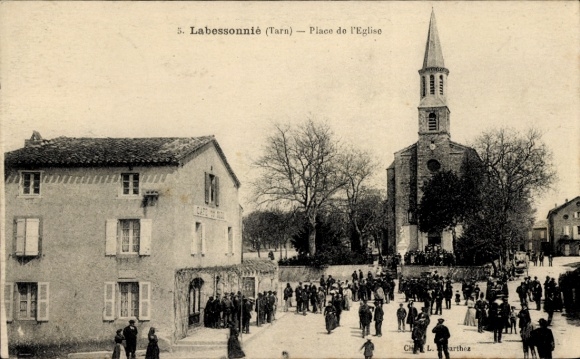 Postcard Labessonié Tarn, Place de l'Eglise, church, cafe