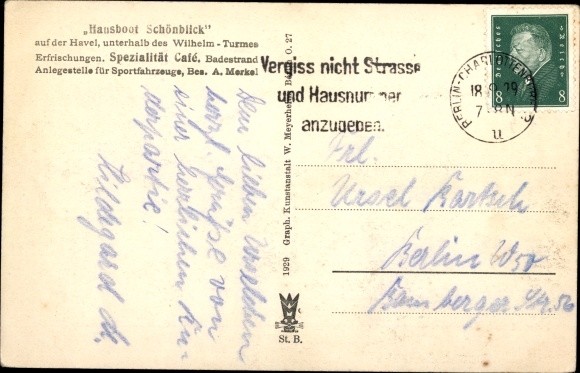 Postcard Berlin, Havel, sailing in a storm breeze, houseboat Schönblick, cafe