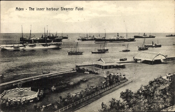 KP Aden Jemen, Inner Harbor, Steamer Dock, Statki, Ogrody