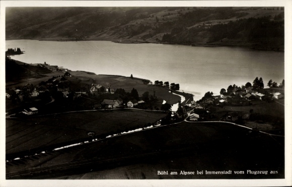 Postcard Bühl am Alpsee Immenstadt im Allgäu, aerial photograph, lake view, Alpine landscape, residential buildings, quiet