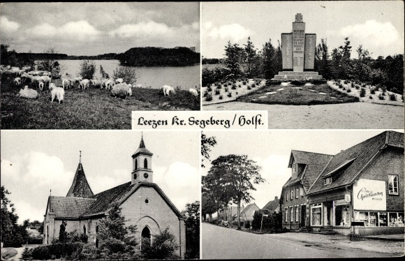 Ak Leezen Schleswig Holstein, Kirche, Kriegerehrung, Schafsheide, Ladengeschäft