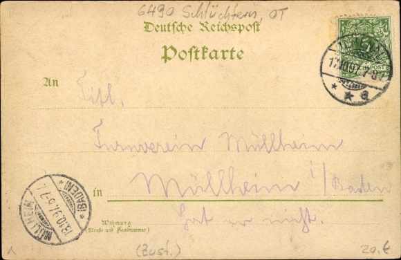 Chromo-Litho Elm Schluechtern in the Main Kinzig district, train station, track side, Brandenstein Castle, Ramholz Castle