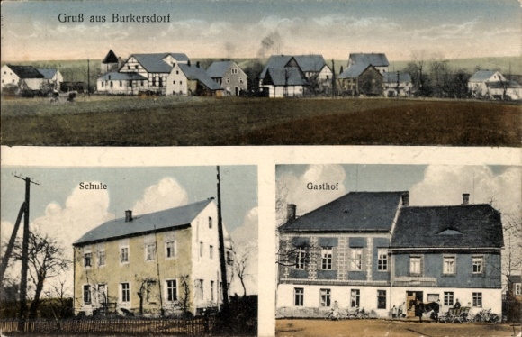 Ak Burkersdorf Frauenstein im Erzgebirge, Teilansicht, Schule, Gasthof