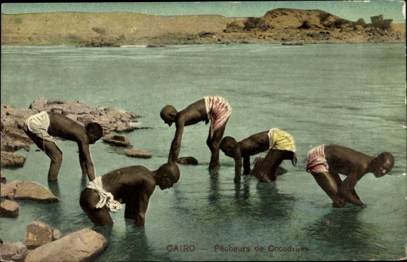Postcard Cairo, Pecheurs de Crocodiles, bords du Nil