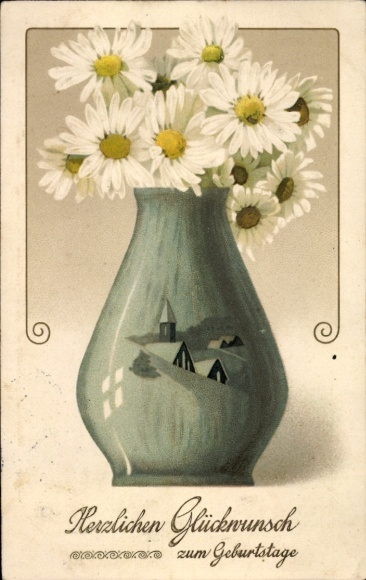 Postcard birthday greetings, flower vase