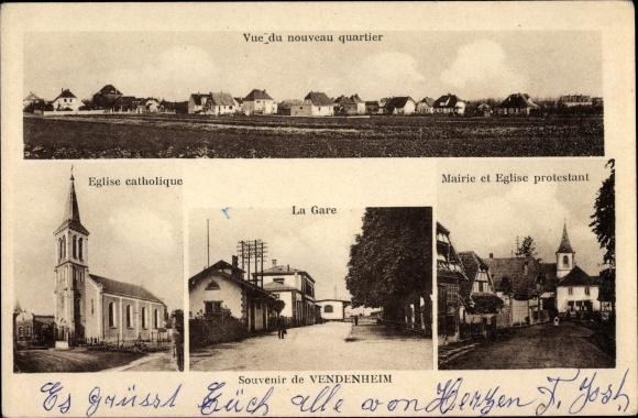 Postcard Vendenheim Bas Rhin, Town Hall, Church, Station, new district